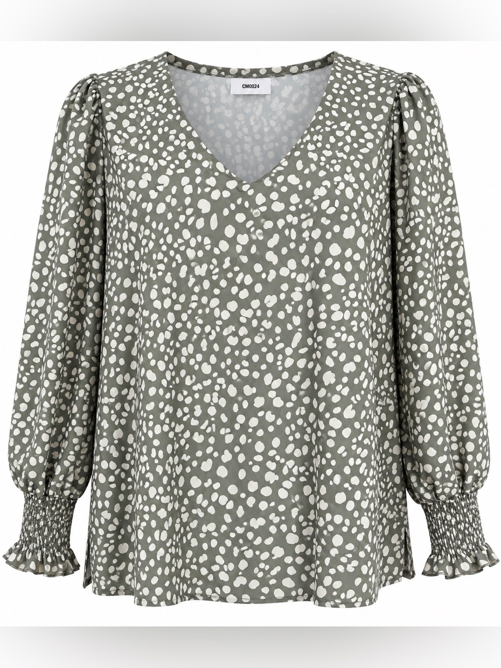 Olive Green & Cream Spot Print Blouse with Smocked Ruffle Cuffs XXL